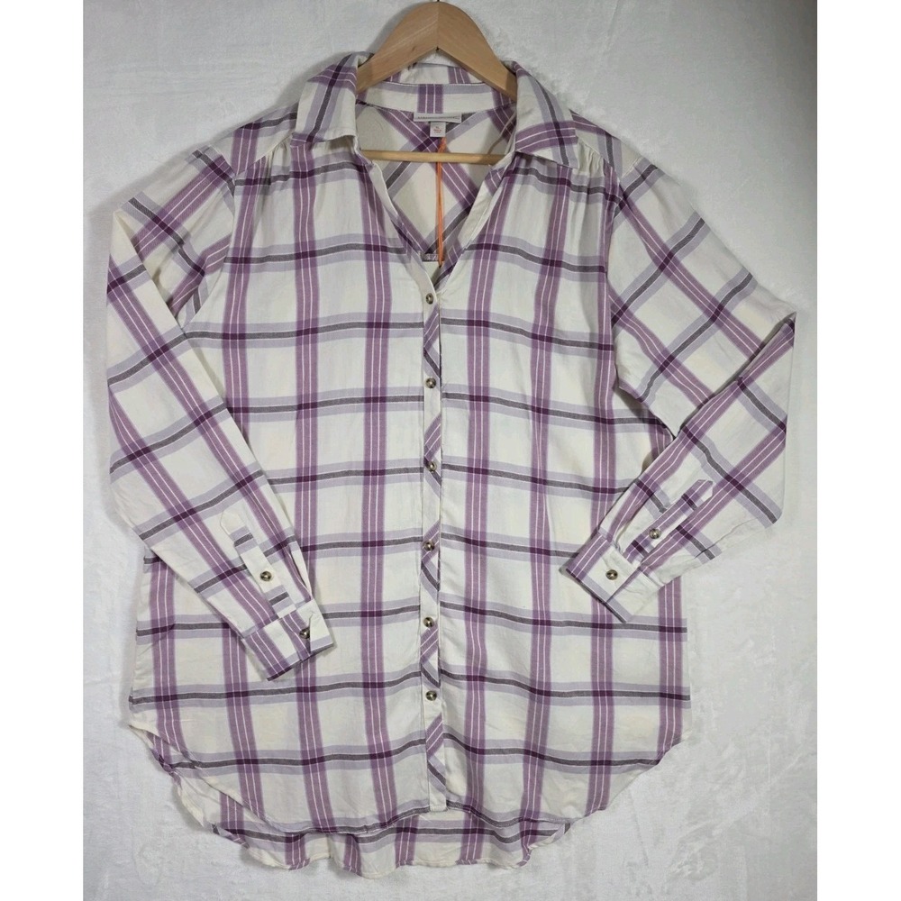 Knox Rose Plaid Button Front Shirt Long Sleeve White Purple Women's XL - Picture 2 of 11